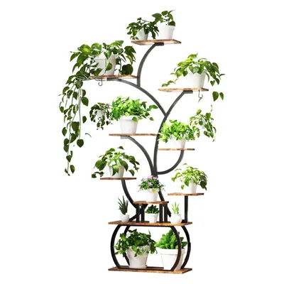 Produktbild von Blumenständer mit Wachstumslicht, 9 Ebenen Blumentreppen mit 9 Ablagen, 155cm Hoch Pflanzenständer Metall Blumenregal für Indoor Balkon，Schwarz