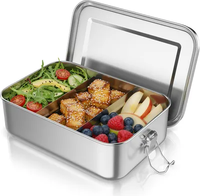 Produktbild von Arendo Lunchbox für Kinder und Erwachsene, Edelstahl, Brotdose 1400 ml mit Fächern, 2 Trennstege, 2 Silikondichtungen, auslaufsicher, entnehmbare Trennstege, Dichtung, lebensmittelecht