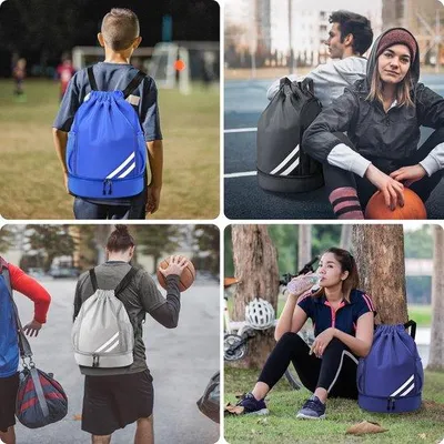 Produktbild von Gymtas, Sporttas mit Kordelzug, Fußballtasche, große Kapazität, Sportrucksack, verstellbarer Sportrucksack mit Ballfach, Bodenfach, wasserdichter Rucksack für Damen und Herren, Junior