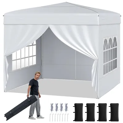 Immagine prodotto di KOMFOTTEU, Gazebo pop-up 3x3 metri, gazebo da giardino pieghevole con pareti laterali removibili, struttura in metallo, finestre trasparenti, 4 sacchi di sabbia, borsa da trasporto, gazebo pieghevole per barbecue, picnic, campeggio (bianco)
