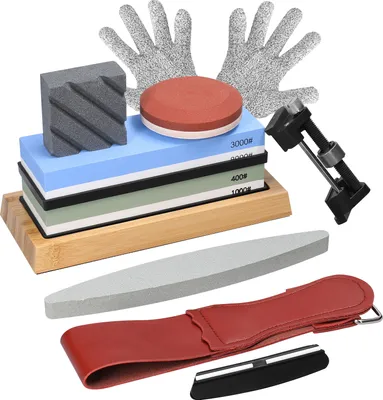 Produktbild von 400/1000 3000/8000 Premium Schleifstein Set, Schärfgerät für alle Klingen, rutschfeste Basis, Messerschärfer