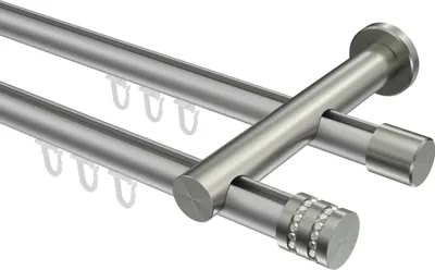 Produktbild von Interdeco Innenlaufstange / Gardinenstange mit Innenlauf Silbergrau / Edelstahl-Optik, Typ Platon Estana (Glitzerkappe), 20 mm Ø 2-läufig, 480 cm