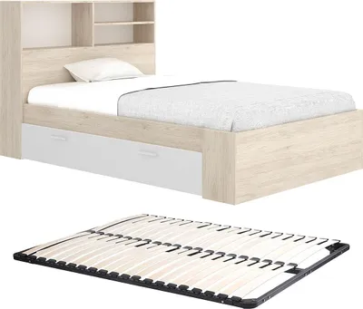 Produktbild von Bett 120 x 190 cm mit Kommode und - Natur und weiß + Rahmen - VARDIEL