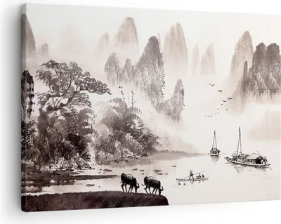 Produktbild von Bild auf Leinwand - Leinwandbild - Einteilig - Chinesisch Landschaft Aquarell - 70x50cm - Wand Bild - Wanddeko - Wandbilder - Leinwanddruck - Bilder - Wanddekoration - Leinwand bilder - AA70x50-4265