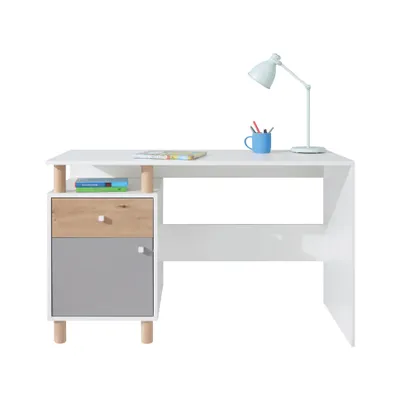 Produktbild von Beautysofa -Schreibtisch FIGO 125 cm, Moderner Computertisch mit 1 Tür und 1 Schublade, Bürotisch mit Stauraum, Arbeitstisch, Weiß/Eiche Artissan/Grau