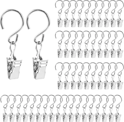 Produktbild von Metallene Gardinenclips mit S-Haken - 50 Stück - Silber - für Vorhänge und Dekoration
