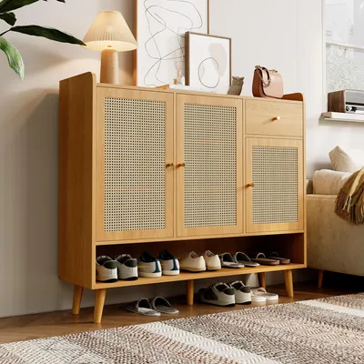 Image de MODFU Meuble à Chaussures Entrée - Armoire avec 3 Portes, 1 Tiroir et 5 Étagères pour Organisation Pratique - 120 x 35 x 106 cm - Naturel