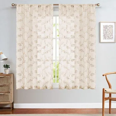 Produktbild von Unyqoos® Transparente Gardinen 2er-Set mit Blattstickerei, Polyester, lichtdurchlässig & elegant, 140 x 145 cm (B x H) für Wohn- und Schlafzimmer