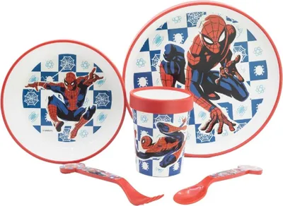 Productafbeelding van Spiderman serviesset, geschikt voor de magnetron. 5-delige kinderbordenset met antislipbodem