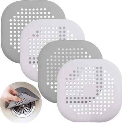 Produktbild von 4 Stück Silikon-Abflussschutz mit Saugnapf, Senhai Abflusssieb Dusche Haarfänger Badewanne Abflussabdeckung für Küche Badezimmer – weiß, grau