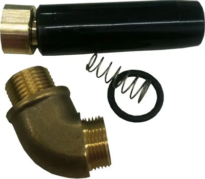 A set of plumbing parts including a black handle, a brass elbow fitting, a spring, and a rubber ring, arranged on a white background.