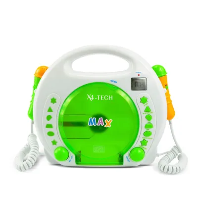 A white background with a children's CD player and microphones.