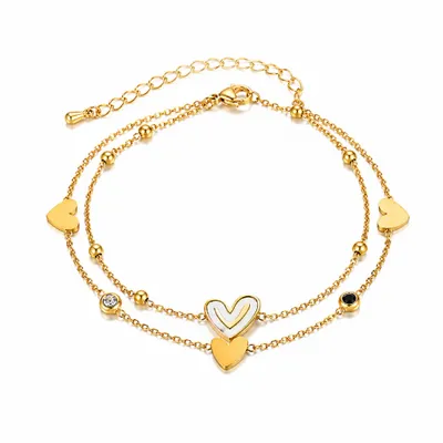 Produktbild von Fußkette mit Anhänger Gold Edelstahl– Doppelreihig Fußkettchen Herz Damen