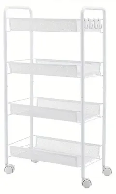 Produktbild von Aufbewahrungswagen - Rollwagen aus Metallgitter - 4 Ebenen - Mit Rollen - Metallrahmen - Für Küche Bad Schlafzimmer - Weiß