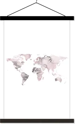 Produktbild von MuchoWow® Textilposter Weltkarte - Rosa - Grau - Farbe 40x60 cm mit schwarzem Rahmen - Wanddekorationen