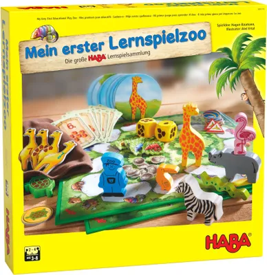 A HABA board game box for 'Mein erster Lernspielzoo' (My First Learning Zoo) is shown, featuring colorful animal figures and game components.