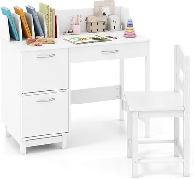 Imagen del producto de Juego de escritorio infantil con silla, escritorio para niños con espacio de almacenamiento, escritorio escolar con estantería, estante abierto y armario, escritorio para jóvenes, apto para niños y niñas a partir de 3 años (blanco)