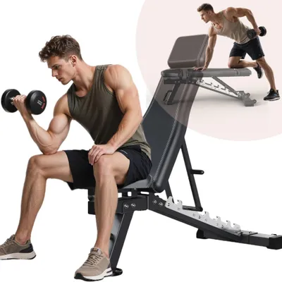 Image de Banc d'haltères pliable et réglable - Banc d'entraînement pour musculation - 3 x 7 positions - Plat, incliné, décliné - Capacité de charge de 600 kg - Idéal pour une salle de sport à domicile