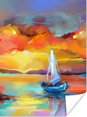Produktbild von MuchoWow® Poster Malerei - Ölfarbe - Boot - Farben 90x120 cm - Wohnzimmer