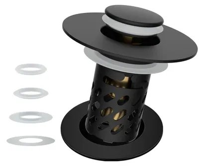 Immagine prodotto di Tubo di scarico pop-up 3-in-1 per lavabo, con cestello filtrante in acciaio inossidabile per raccogliere i capelli, colore nero, per diametri da 30 a 46 mm