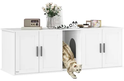 Produktbild von Katzenklo-Schrank Katzenhaus mit Tür Trennwand Katzentoilette für große Katzen 145 x 49 x 51 cm Weiß