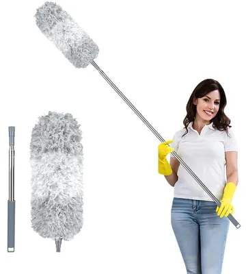 Immagine prodotto di Spolverino telescopico estendibile e lavabile, con cappuccio in silicone, per rimuovere le ragnatele, ideale per soffitti alti. Colore: grigio chiaro. Confezione: 1 pezzo