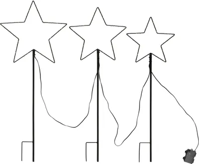 Produktbild von 3er Set Weihnachtssterne aus Metall für Außen mit Erdspieß, 3 Größen 25 30 35 cm, schwarz mit warm-weißen LEDs, gesamt 150 LEDs, batteriebetrieben