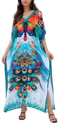 Zdjęcie produktu dla Solidchoice - Wielościenna, maxi sukienka-kaftan w stylu boho z dekoltem w kształcie litery V
