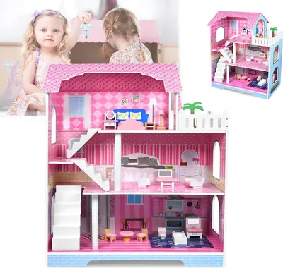 Produktbild von NAIZY Puppenhaus aus Holz, Puppenhaus mit Möbel und Zubehör, Puppen Haus Spielzeug, Holzpuppenhaus 70×30×70cm 3 Etagen Dollhouse für Mädchen, Kinder