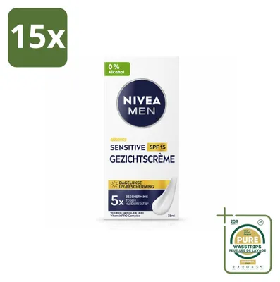 Obrázek produktu pro 15 kusů pleťové krému NIVEA MEN Sensitive pro citlivou pleť s SPF 15 - 75 ml - balení