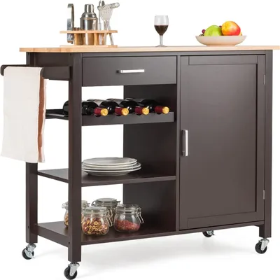 Produktbild von GOPLUS Küchenwagen mit Arbeitsplatte, Mobile Kücheninsel Holz mit Schubladen, Handtuchregal, Weinflaschenregal, Lagerschrank, Servierwagen