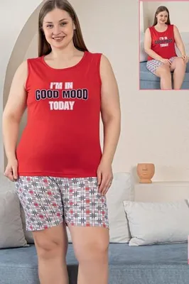 Immagine prodotto di Pigiama da donna taglie forti, modello shorty, rosso, 3XL, corto, in cotone, 2 pezzi, L-41