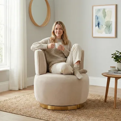 Image de LVHOM Fauteuil pivotant avec socle métallique, Fauteuil de relaxation Fauteuil lounge Fauteuil pivotant Salon, revêtement velours Fauteuil pivotant Fauteuil rembourré, Beige