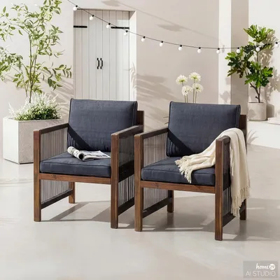 Produktbild von home24 Diningstuhl mit Armlehnen - 2er-Set - Akazie massiv / Webstoff
