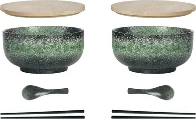 Image de Lot de 2 bols à soupe en céramique avec cuillères et baguettes, 1 100 ml, vert