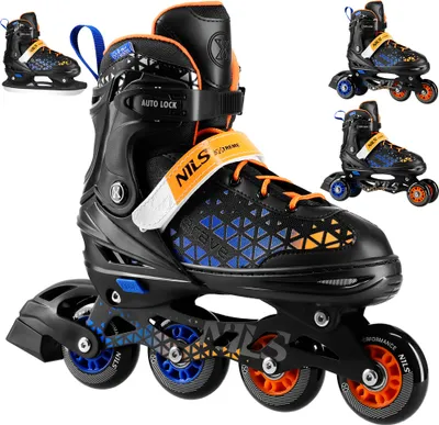 A set of inline skates and hockey skates, with multiple views shown.