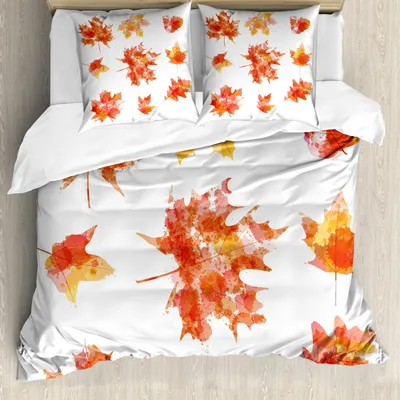 Produktbild von ABAKUHAUS Blätter Bettbezug Set, Aquarell-Effekt-Herbst-Jahreszeit-Ahornblatt-Muster-kanadisches Laub, 155 x 220 cm + 80 x 80 cm, Burnt Orange Orange
