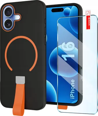 Immagine prodotto di Etui z Paskiem na palec Matowe CZARNE do iPhone 16 |do MagSafe +Szkło