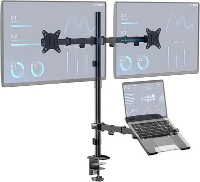 Produktbild von PolkaHome® Doppel-Monitorhalterung mit Laptopablage für 2× 17-32 Zoll Monitore und 10-15 Zoll Laptop, höhenverstellbar, 9 kg pro Arm,