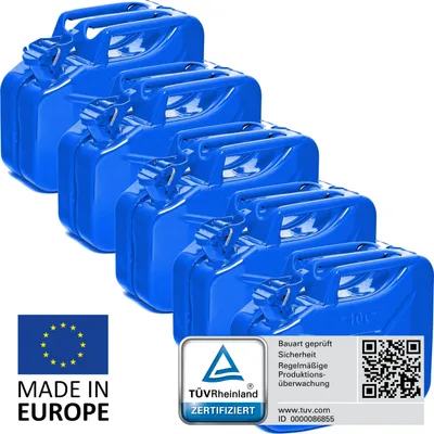 Produktbild von BW® Kraftstoffkanister Metall Benzinkanister 5x 10 Liter - Blau RAL 5005 - UN-Zulassung - Hergestellt in Europa