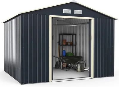 Produktbild von Gerätehaus Metall, Geräteschuppen mit 2 Schiebetüren & 4 Lüftungsfenstern, Gartenhaus Satteldach, Schuppen Outdoor, Grau (Erweitert-277x255x202 cm)