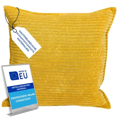 Produktbild von Pillows24 – Dekokissen 40x40 aus Cord | Weiches Zierkissen & Sofa Kissen | Deko Kissen 40x40 für Palettenkissen in Wohnzimmer & Balkon | Sofakissen  EU | Gelb