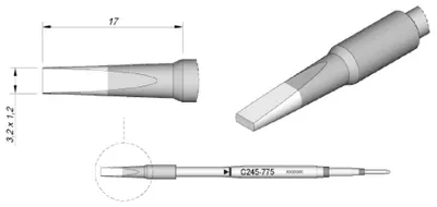 Zdjęcie produktu dla Grot lutowniczy JBC serii C245 w kształcie dłuta, C245775/3,2 x 1,2 mm, prosty, High Thermal C245775
