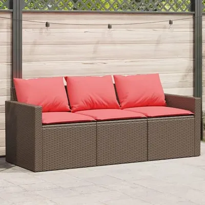 Produktbild von Gartensofa 3-Sitzer braun mit Kissen aus Poly Rattan, wetterfestes Outdoor Lounge Möbel für Garten Balkon Terrasse, pulverbeschichteter Stahlrahmen, Komfortables Polster Set