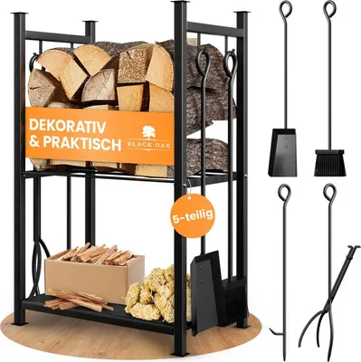 Produktbild von BLACK OAK Kaminholzständer ANTERO – Kaminholzregal mit Kaminbesteck, schwarz