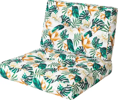 A two-piece cushion set with a tropical leaf and flower pattern.