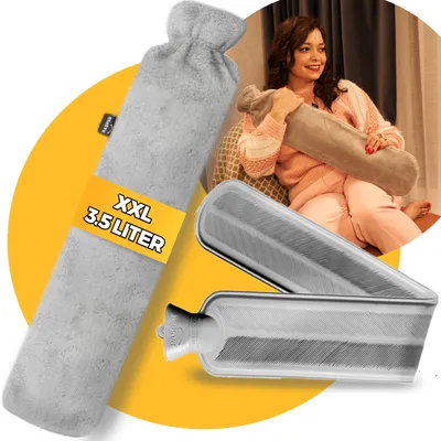 Image de Bouillotte XXL longue et grande, 3,5 litres, avec housse - Housse de bouillotte grise en tissu douillet - Bouillotte longue XL pour bébés, enfants et adultes - Cadeau