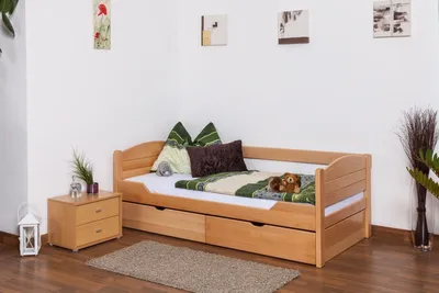 Produktbild von Einzelbett / Funktionsbett "Easy Premium Line" K1/s Voll inkl 2 Schubladen und 2 Abdeckblenden, 90 x 200 cm Buche Vollholz massiv Natur