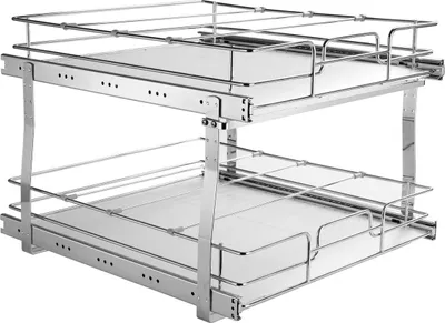 Produktbild von 2-stufiger Schrank-Organizer, 40,6 cm breit x 53,3 cm tief, ausziehbare Regalböden für die Vorratskammer, ausziehbare Schubladen aus verchromtem Stahl, Schubladenaufbewahrung für Küchenschränke, Badezimmer, unter Waschbecken