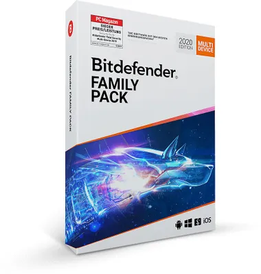 A product box for Bitdefender Family Pack software.